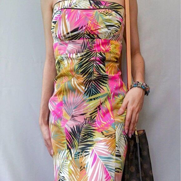 H&M Yellow‎ Pink Strapless Palm Leaf Tropical Cocktail Dress Womens Size 6 - Picture 1 of 9